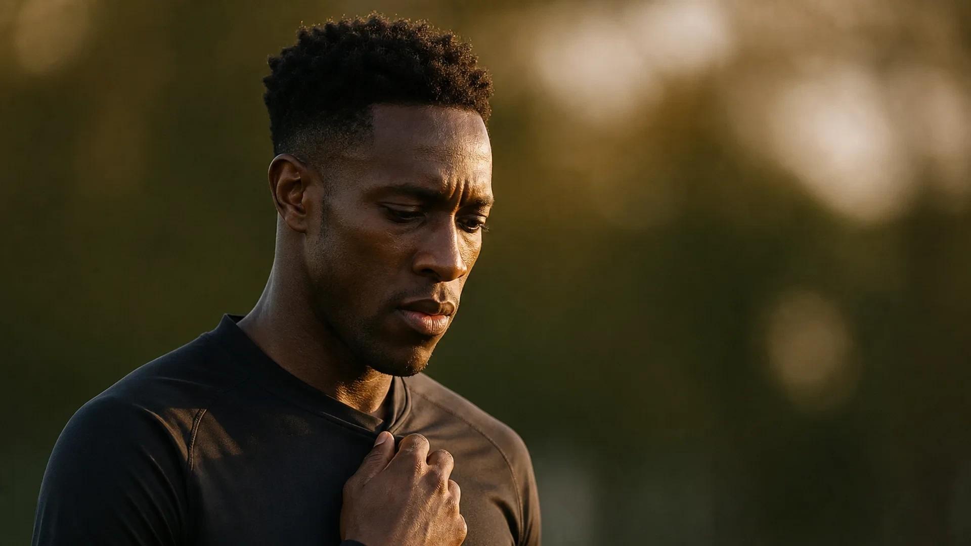 Danny Welbeck in a contemplative moment on a training pitch, wearing unbranded dark training kit, backlit by golden afternoon light with dramatic shadows across his focused expression.
