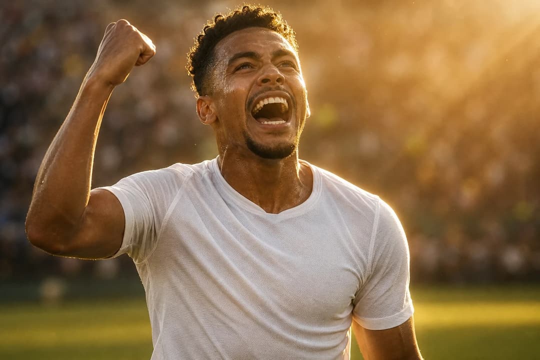 Sidny Lopes Cabral celebrates with joy and emotion immediately after scoring during the 2026 FIFA World Cup match against Argentina, bathed in golden-hour sunlight.