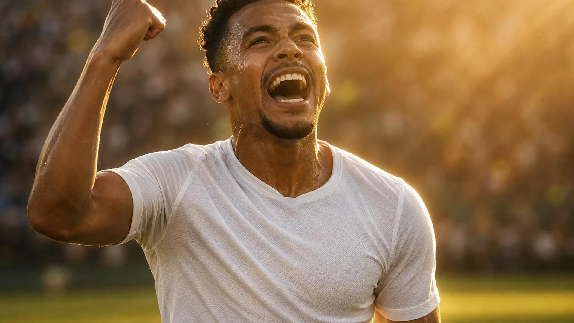 Sidny Lopes Cabral celebrates with joy and emotion immediately after scoring during the 2026 FIFA World Cup match against Argentina, bathed in golden-hour sunlight.