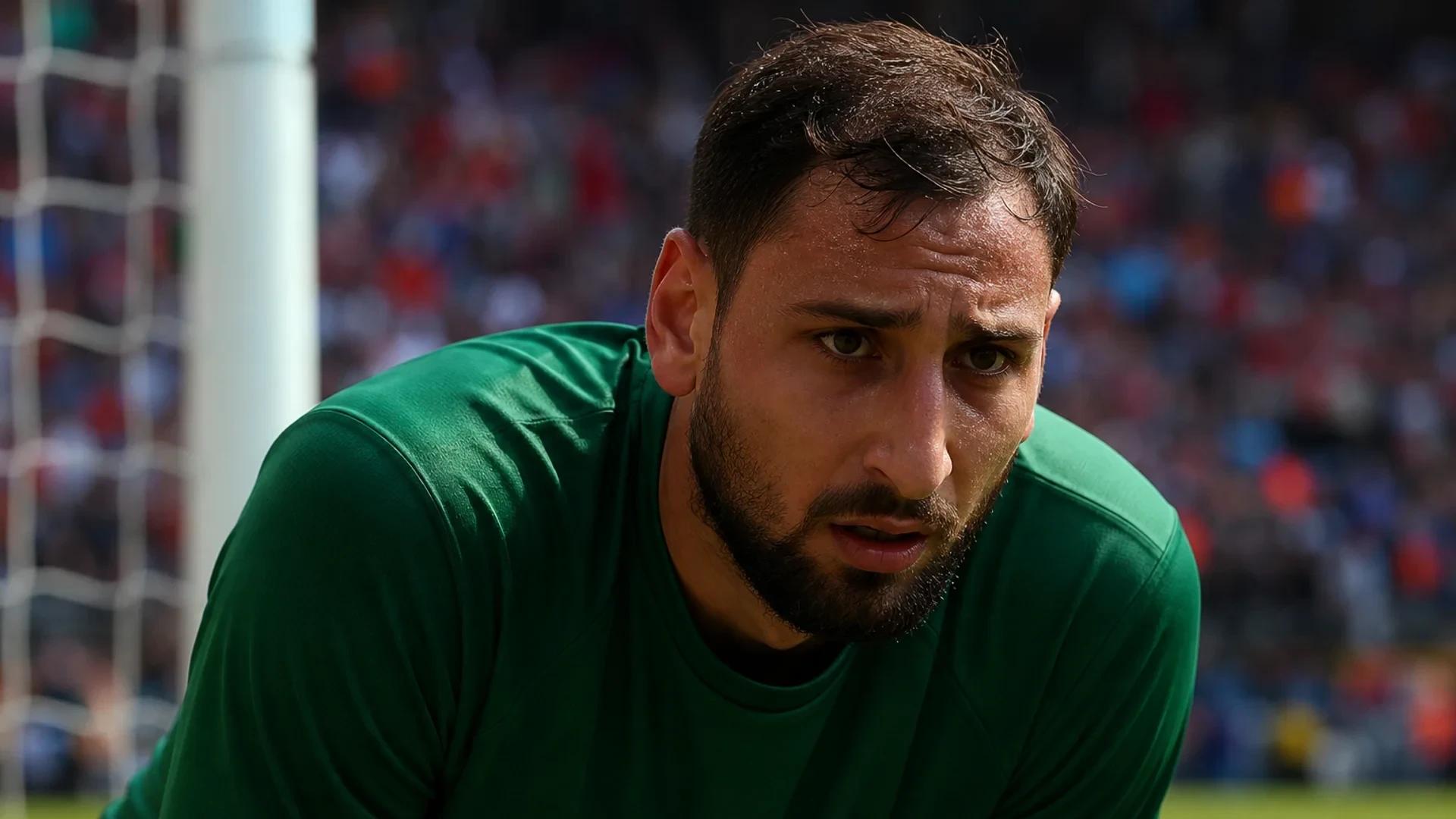 Gianluigi Donnarumma, a goalkeeper, is seen in a tense moment during a football match without any visible logos.