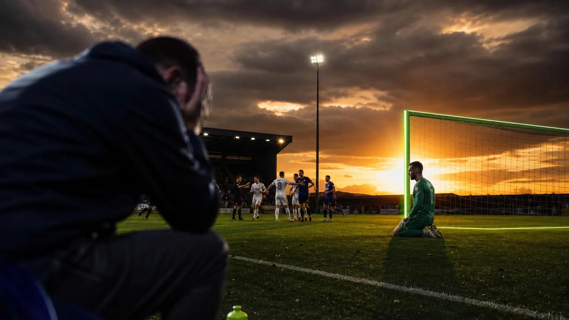 A scene depicting a tense moment at Prenton Park during a football match, with a blurred coach in the foreground and players in the background.