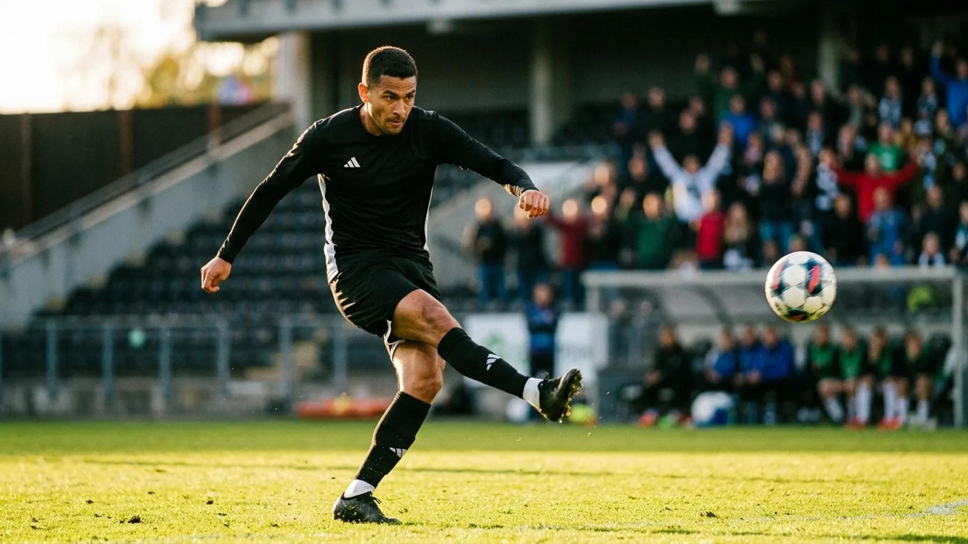 En fotballspiller i aksjon under en kamp, som slår et hjørnespark.