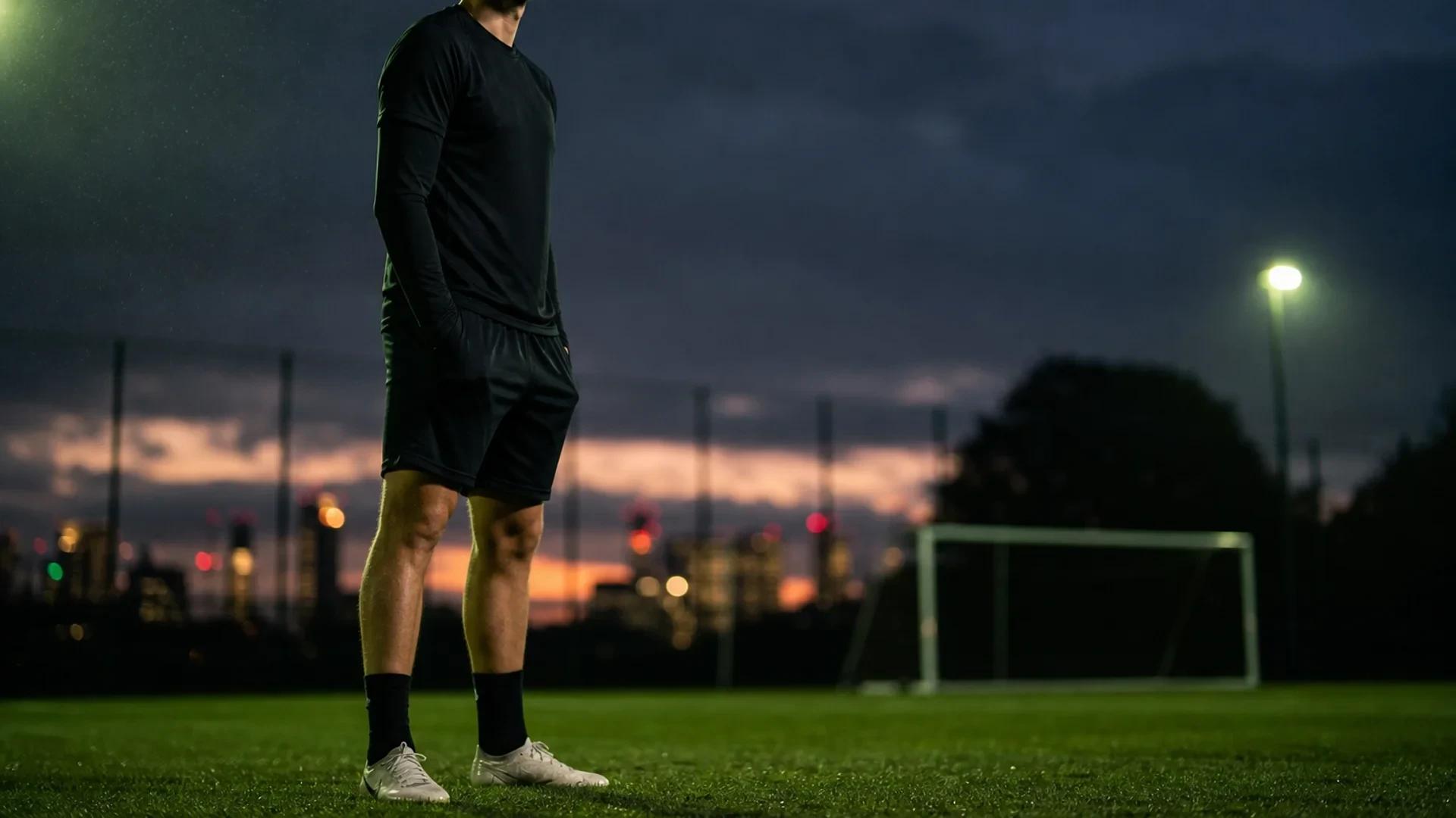 A contemplative Jordan Henderson stands in a training ground at dusk, illuminated by a rim light.