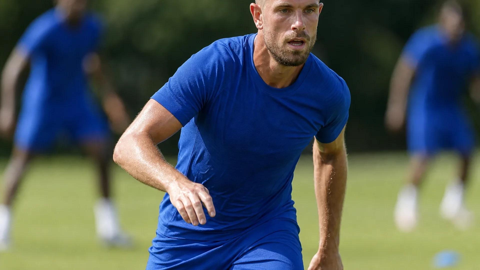 Jordan Henderson is training on the field, dribbling a soccer ball with focus.