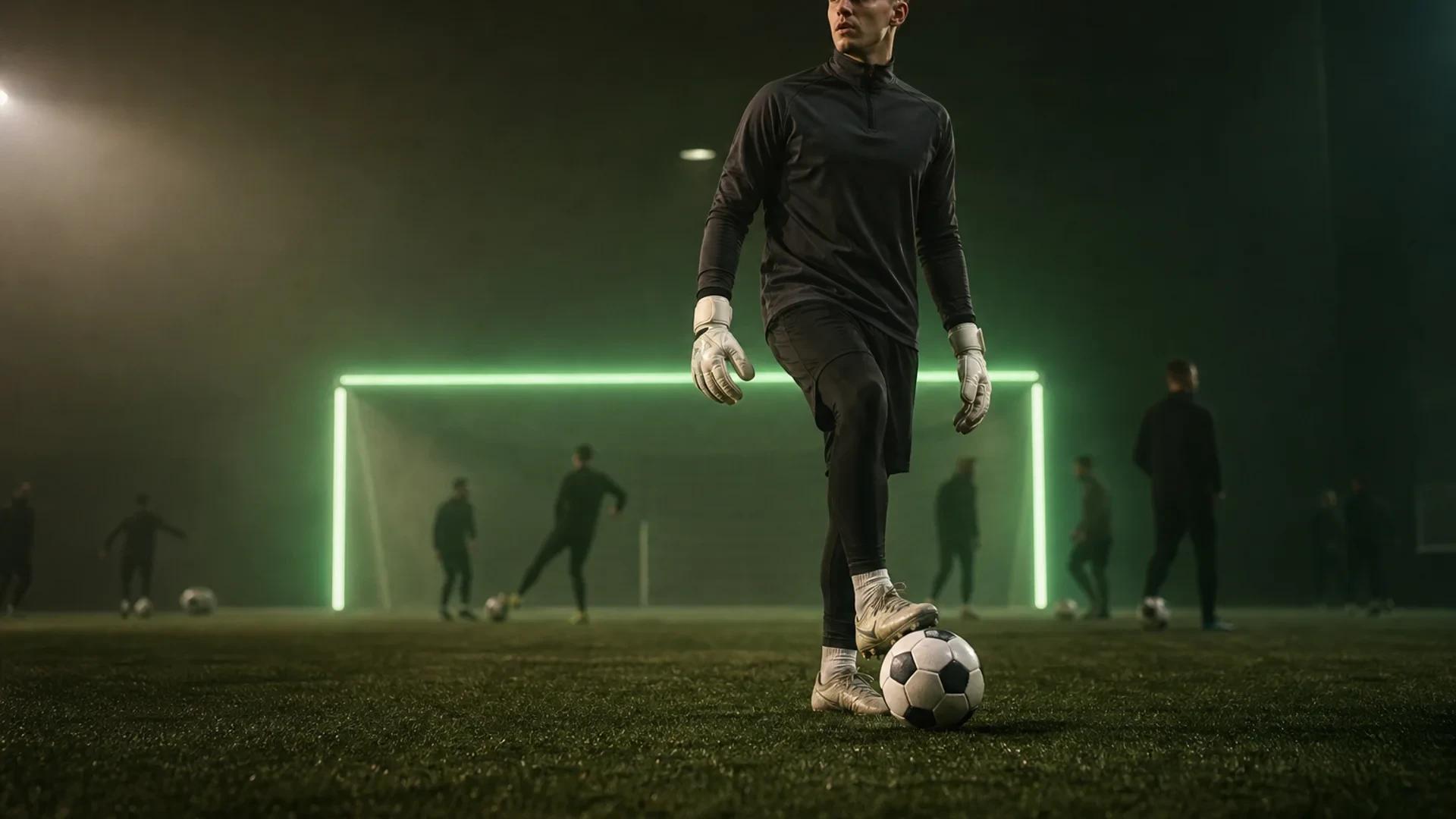 A young goalkeeper training in a dimly lit facility, focused on the ball, with teammates in the background.