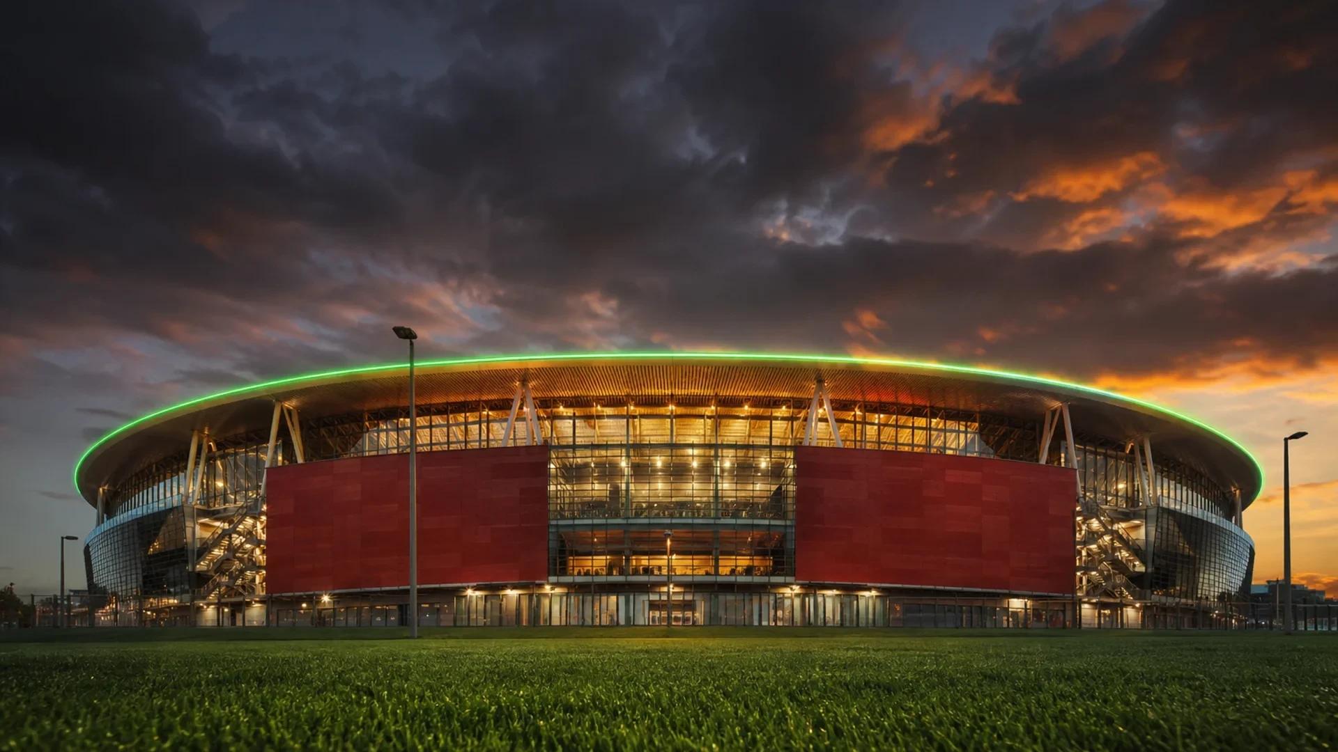 A dramatic low-angle view of the Emirates Stadium at twilight, subtly illuminated.