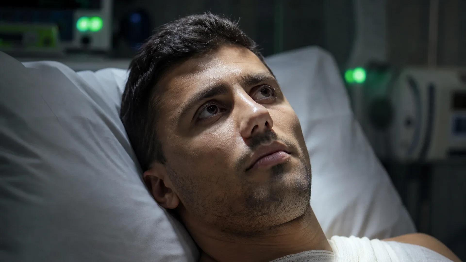 Close-up of Rodri resting in a recovery room, illuminated by soft daylight.
