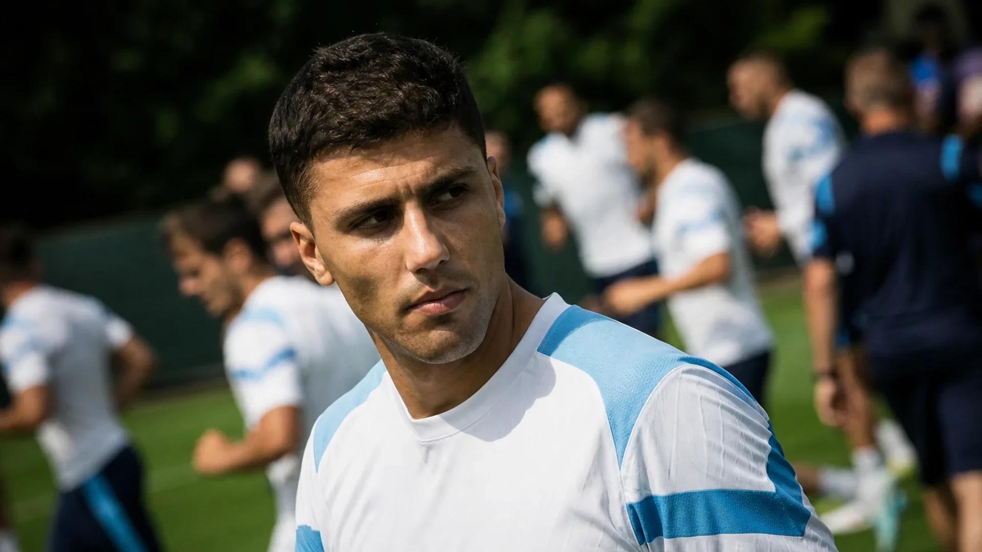 Rodri from Manchester City during a training session, showing a determined expression.