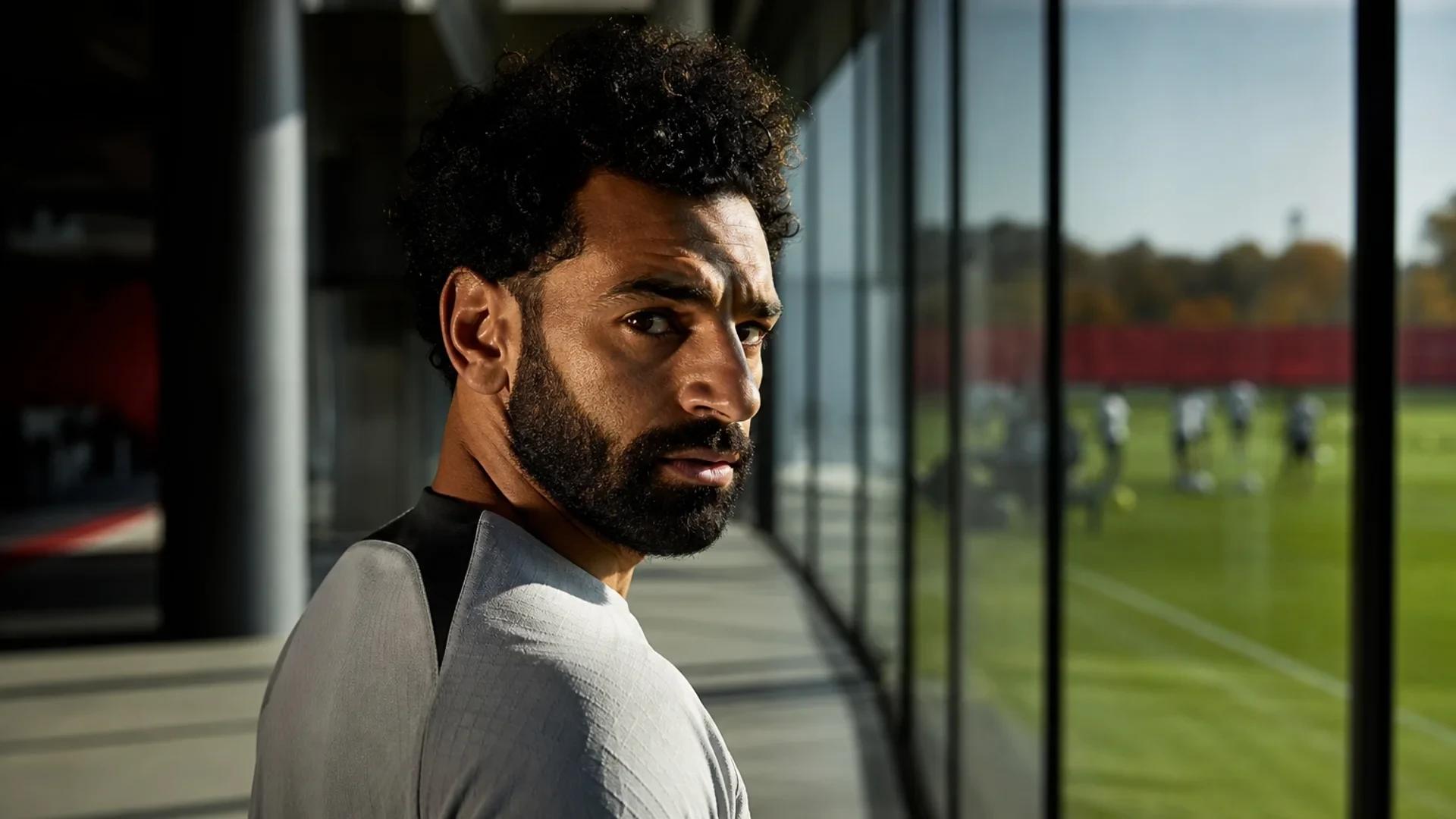 Mohamed Salah standing in front of a training facility, deep in thought with a blurred background.