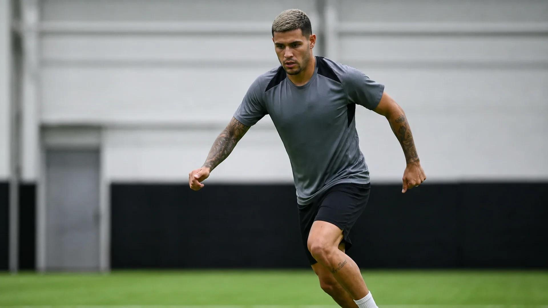 Bruno Guimaraes dribbling the ball during a training session at Newcastle United.