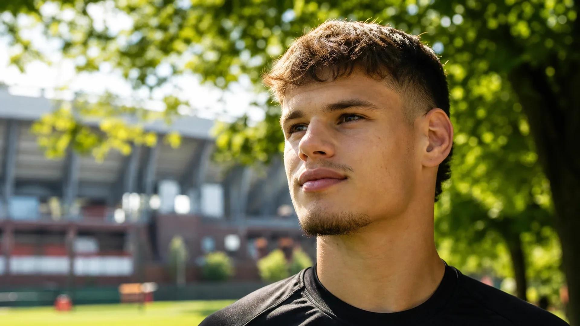 Milos Kerkez stands on a training ground, lost in thought, with dappled sunlight filtering through the trees.