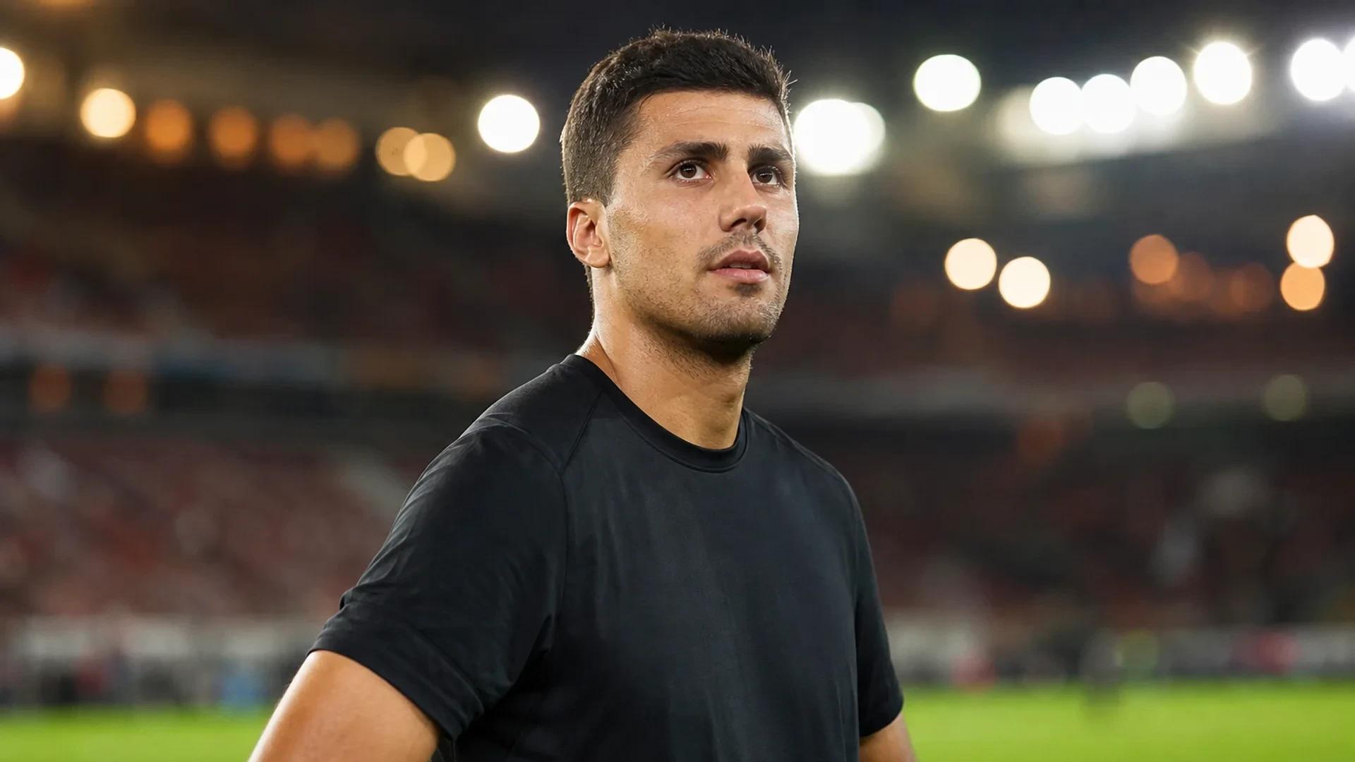 Rodri, a football player, gazing determinedly on the field, captured in a close-up.