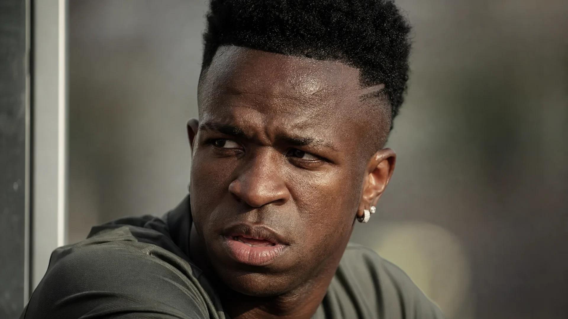 Vinicius Jr with an intense gaze on the training pitch, illuminated by soft light.