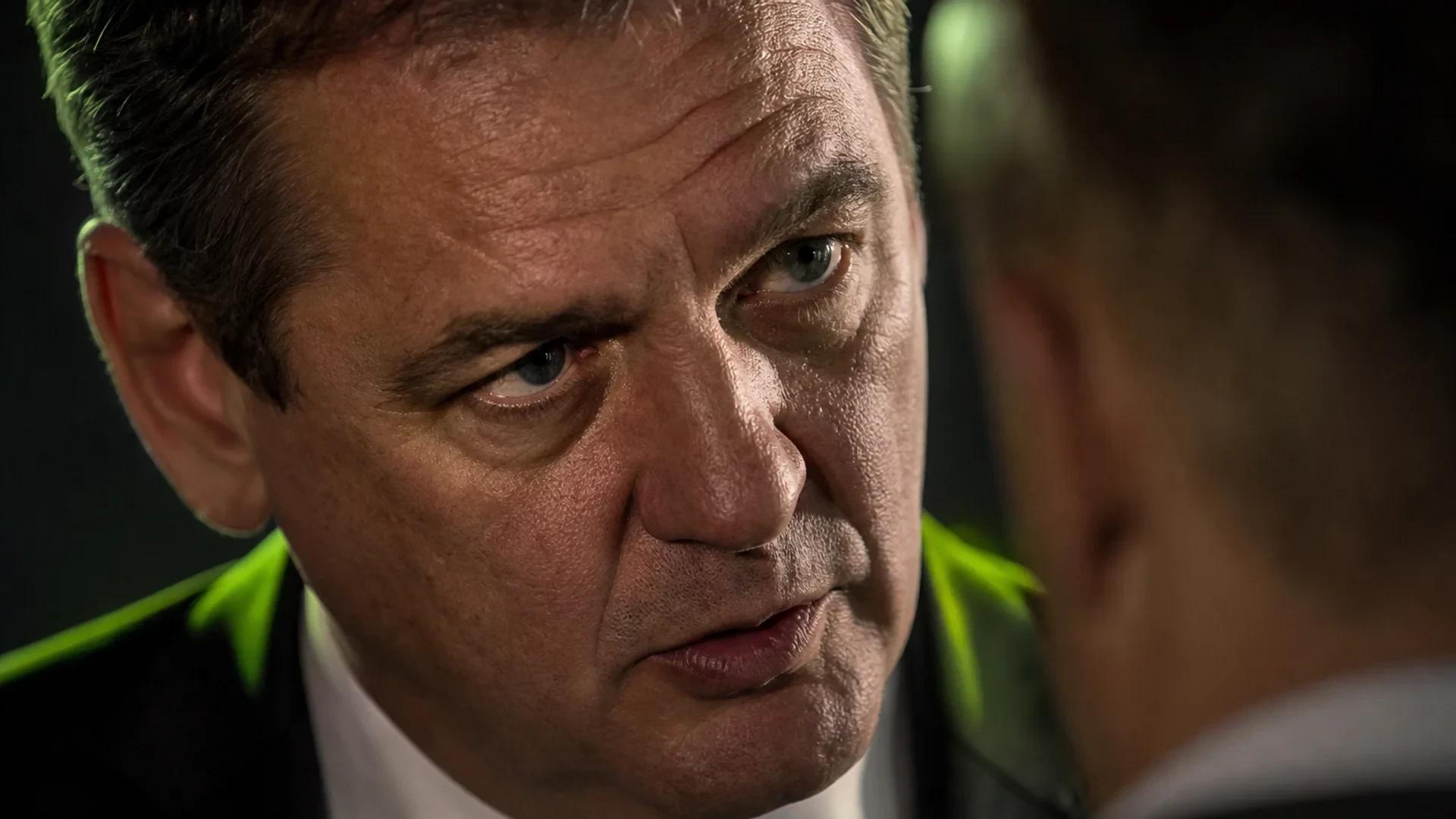 Close-up of a man with a serious expression, engaged in a conversation, illuminated by dramatic lighting.