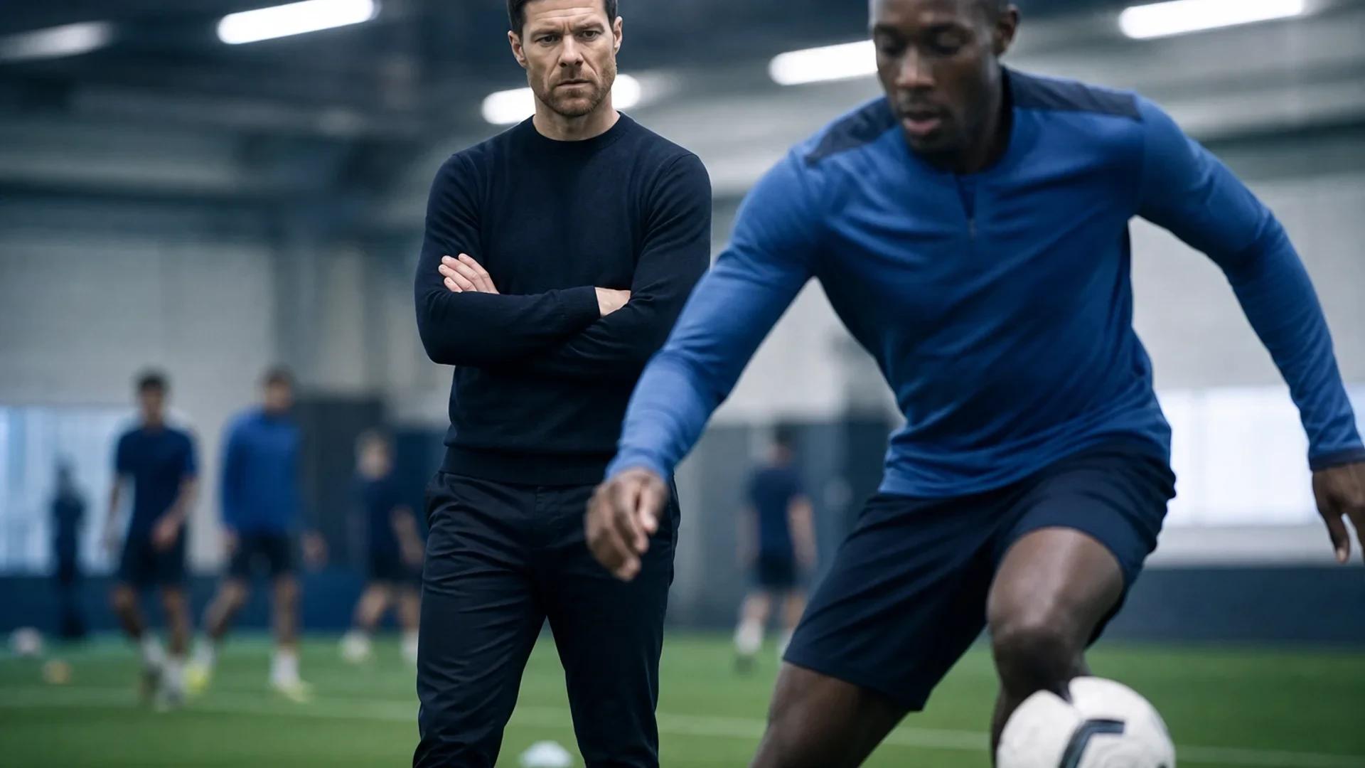 Xabi Alonso observing Danny Welbeck during a training session.
