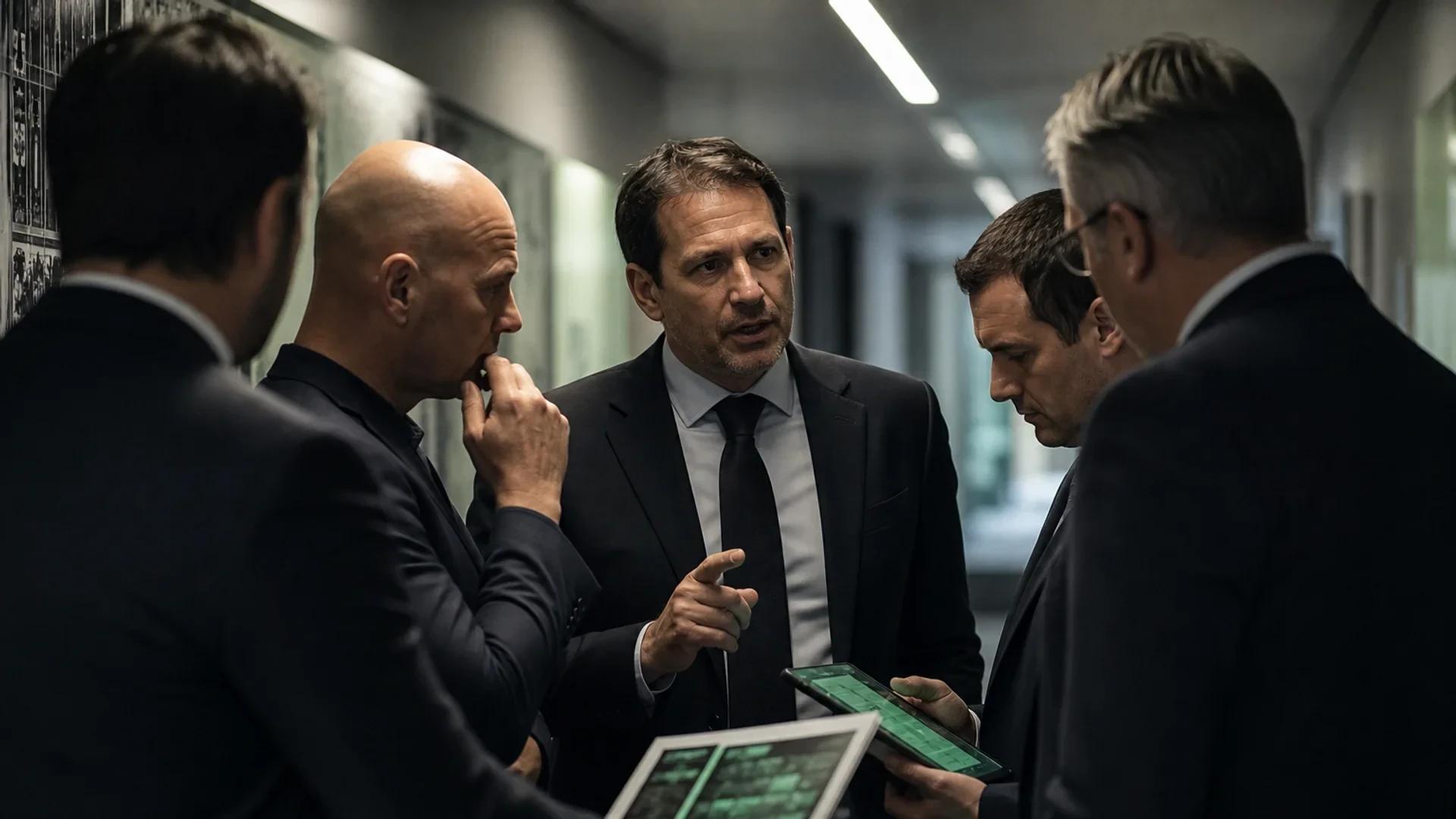 A group of football club officials discussing a player's transfer in a dimly lit corridor.