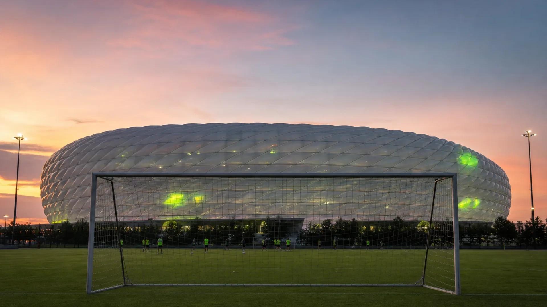 A wide shot of the Allianz Arena lit at dusk, with a goal post in the foreground and a pastel sky above.