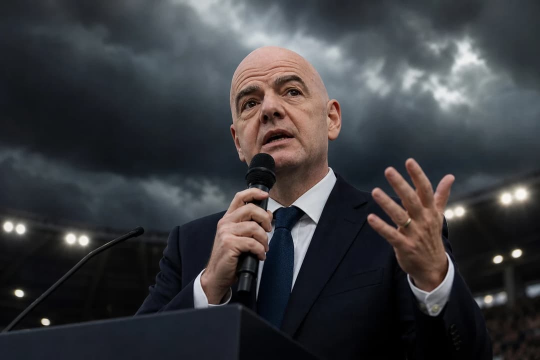 FIFA president Gianni Infantino addressing a crowd under stormy skies.