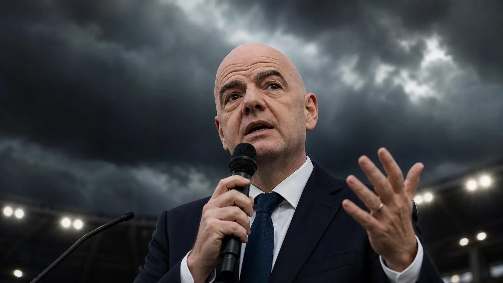 FIFA president Gianni Infantino addressing a crowd under stormy skies.