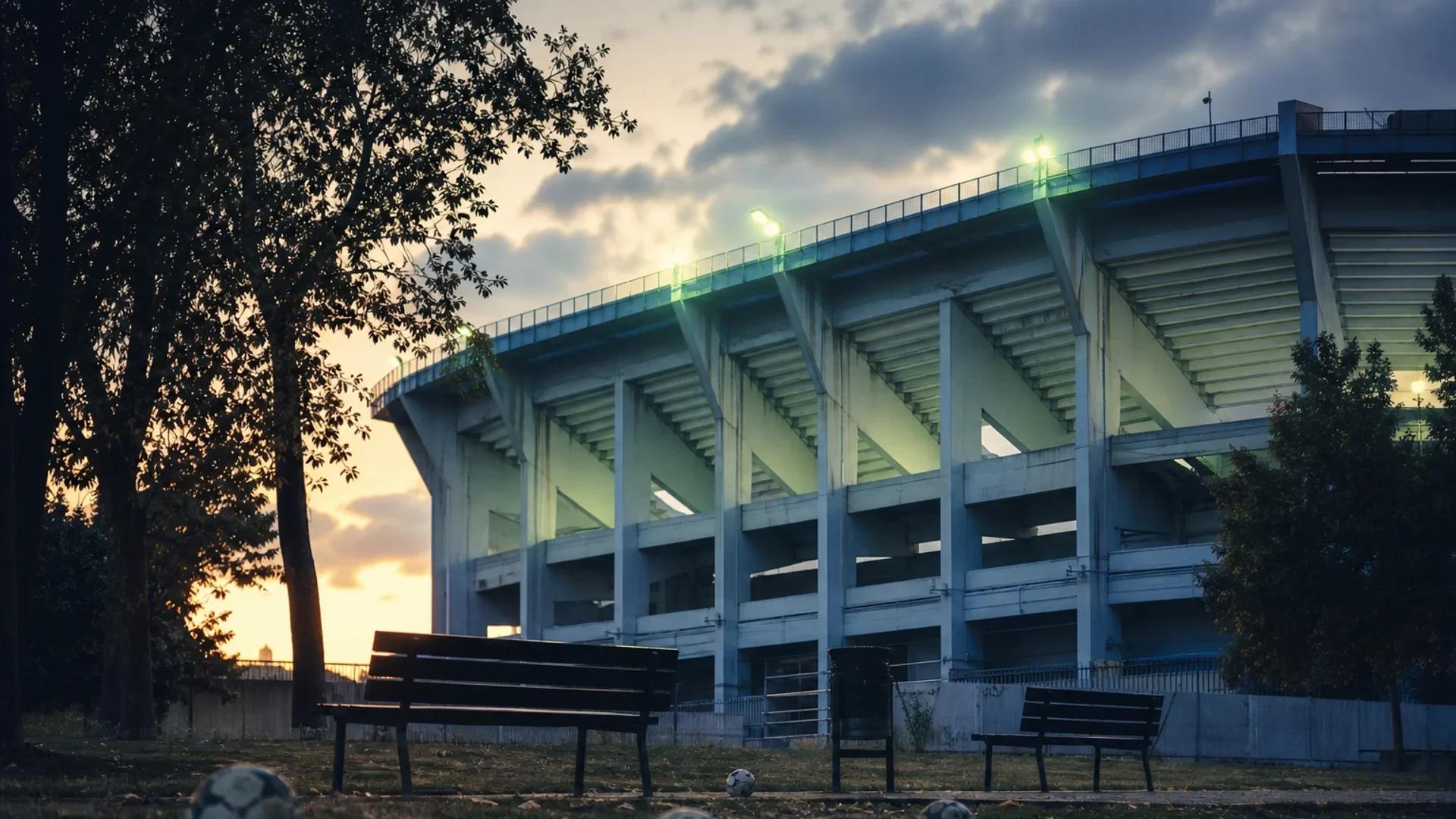 Wide shot of the empty Vallecas stadium with footballs in the foreground, sunlight filtering through trees.
