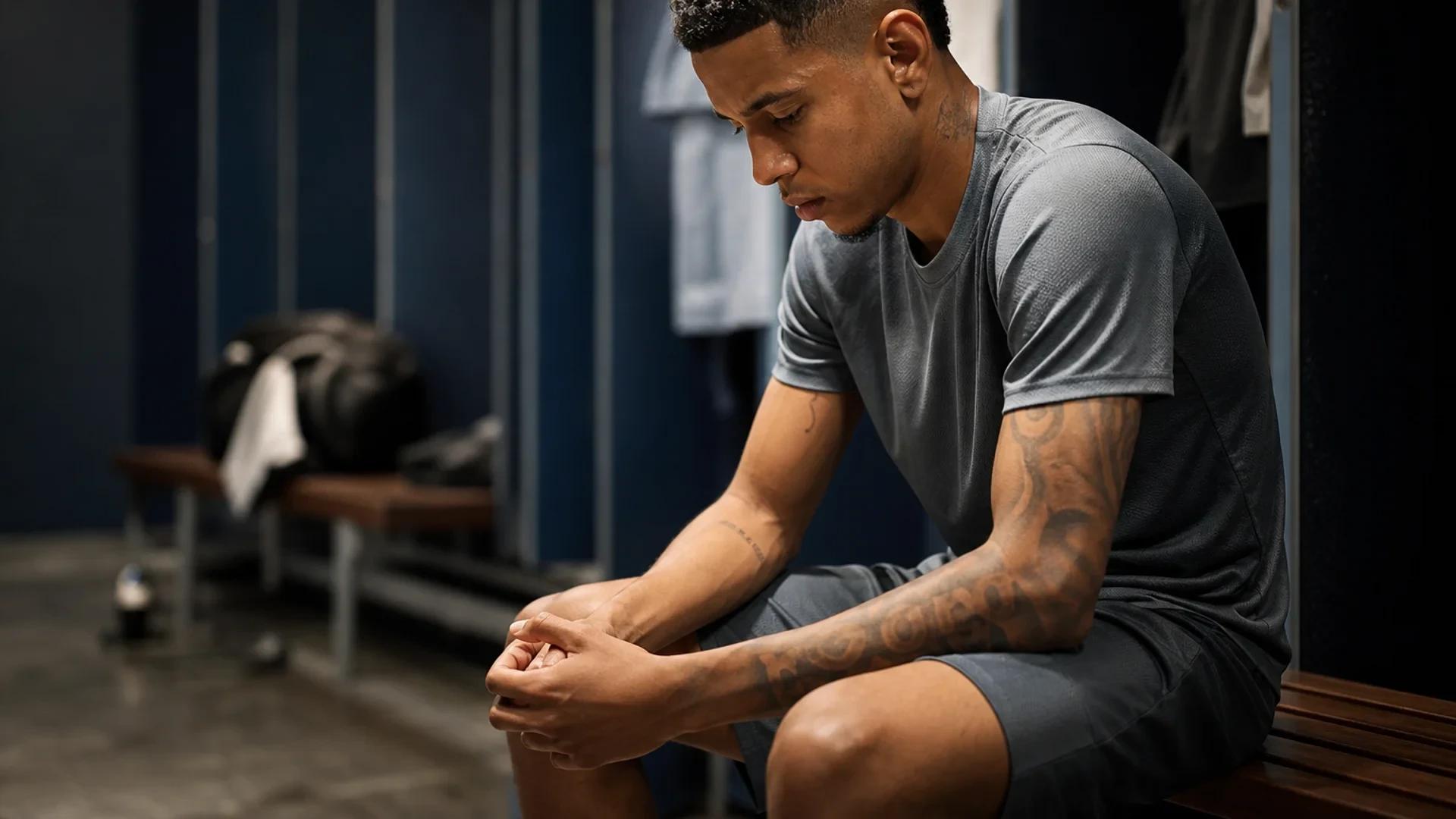 Savinho sits in a locker room, reflecting quietly before a game.