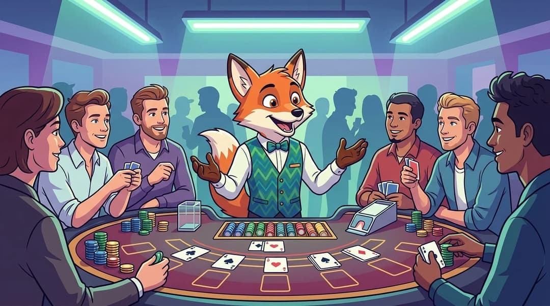 A cheerful mascot interacts with players at a colorful casino gaming table under fluorescent lights.