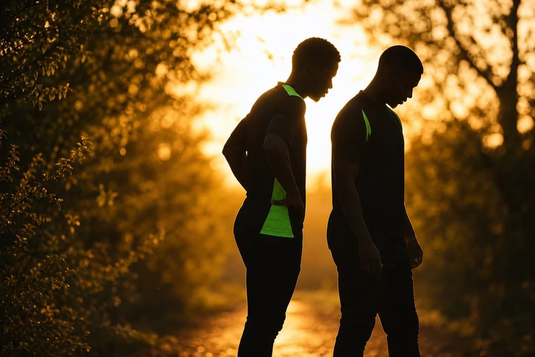 Two football players silhouetted against a golden sunset, deep in conversation.