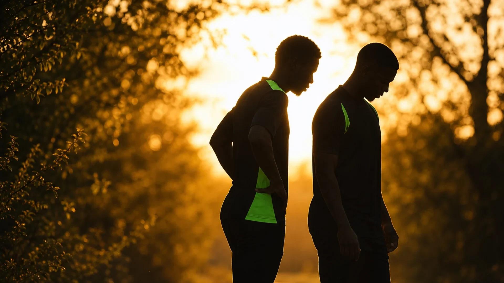 Two football players silhouetted against a golden sunset, deep in conversation.