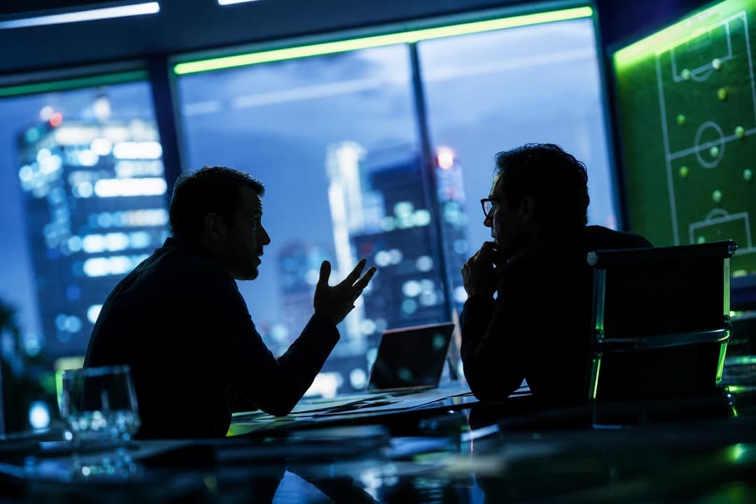 Silhouette of two individuals discussing with neon green highlights in a brightly lit room.