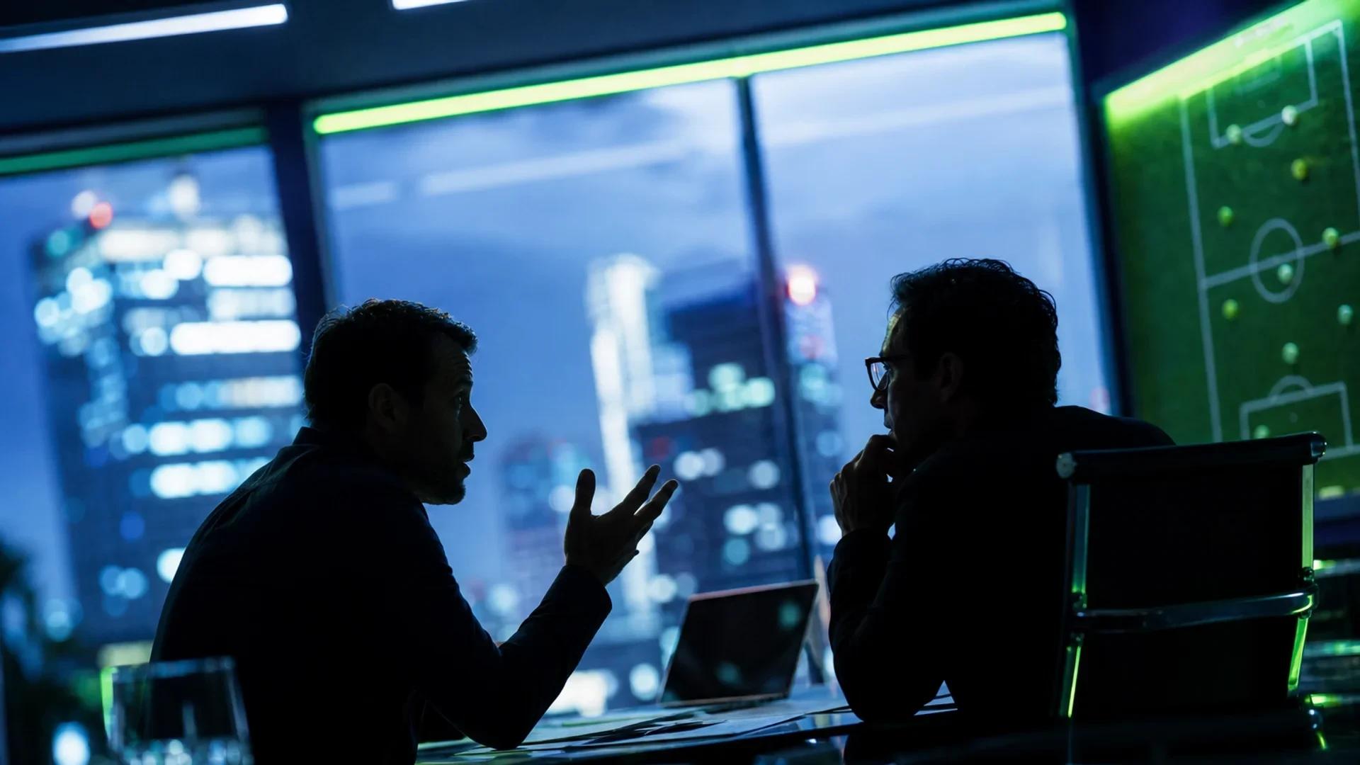 Silhouette of two individuals discussing with neon green highlights in a brightly lit room.