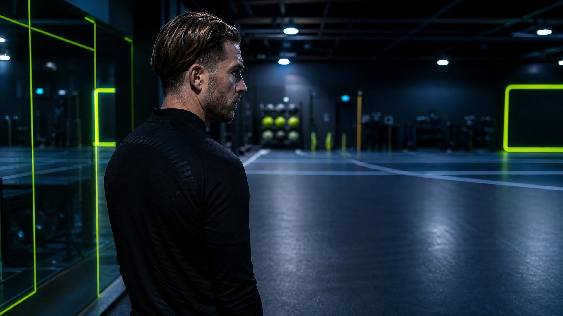 A football player stands alone on an artificial pitch in a dimly lit training facility, contemplating his future.