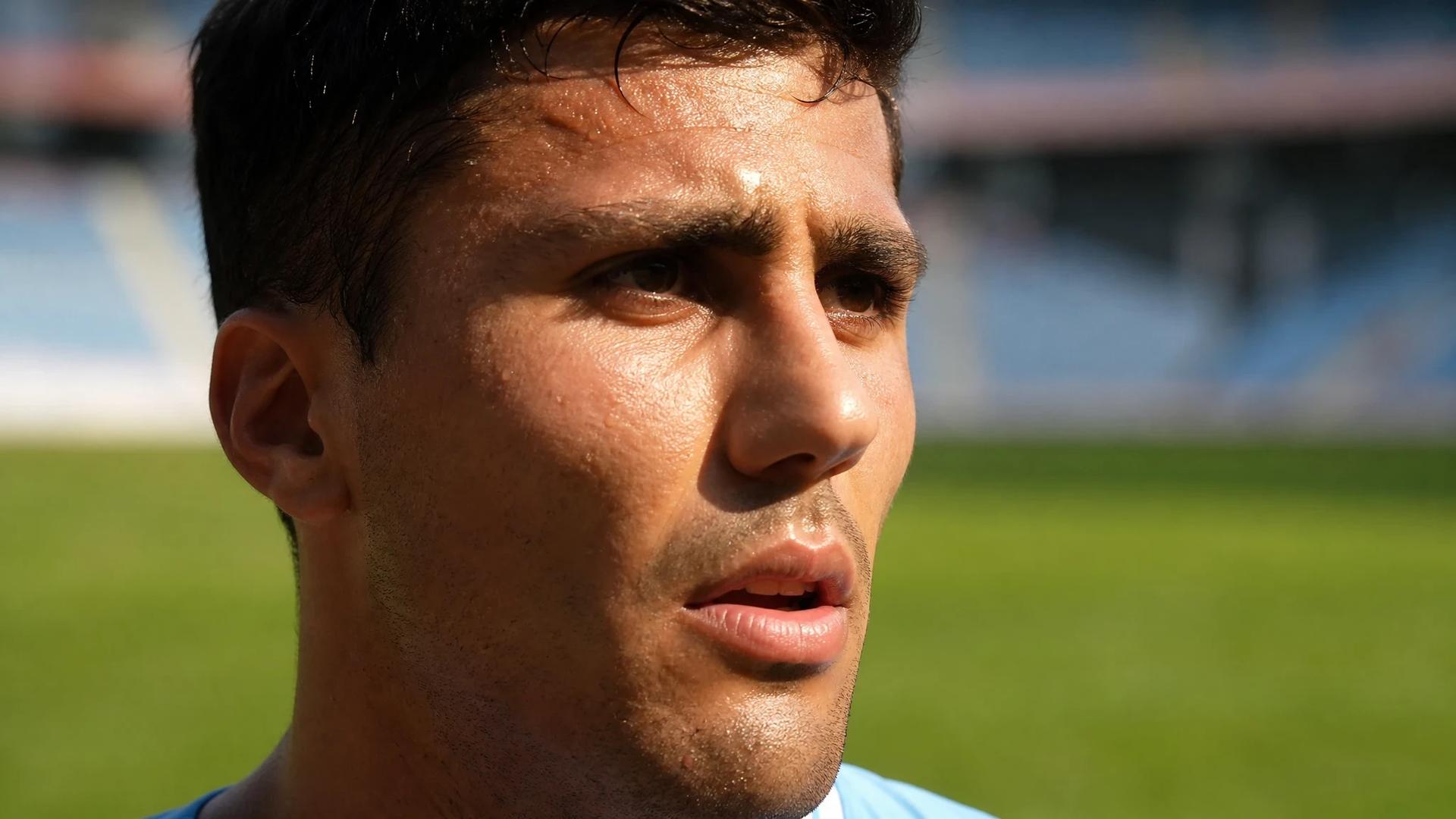 Rodri in extreme close-up, showing emotion after a match.