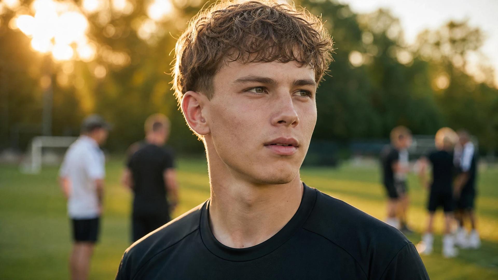 Kerim Alajbegovic in training gear, looking determined on the Juventus training ground during golden hour.