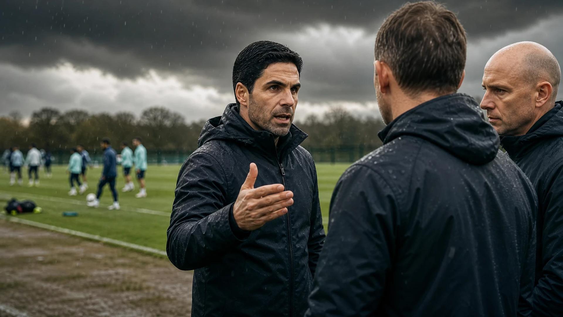 Mikel Arteta passionately engaging with his coaching staff during a training session under stormy skies.
