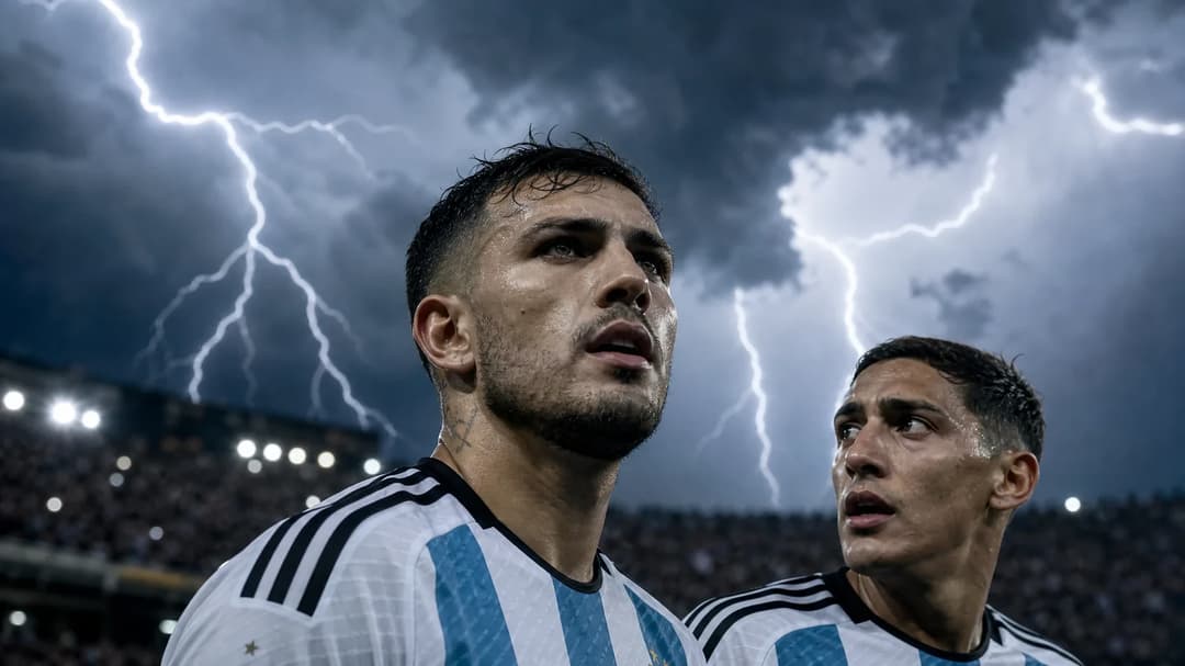 Leandro Paredes and Nahuel Molina in a tense sports moment under a stormy sky.