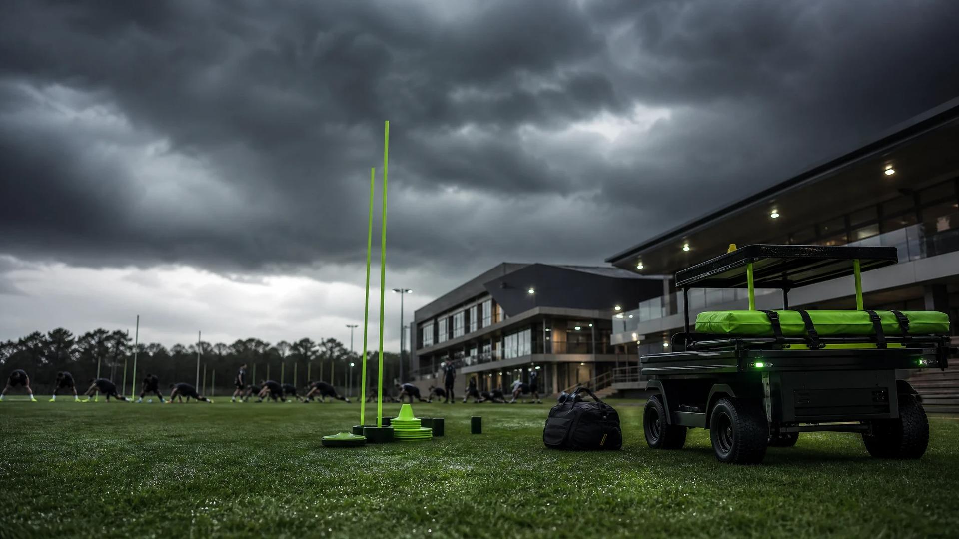 A low-angle view of a football training complex under stormy clouds, with players in the distance.
