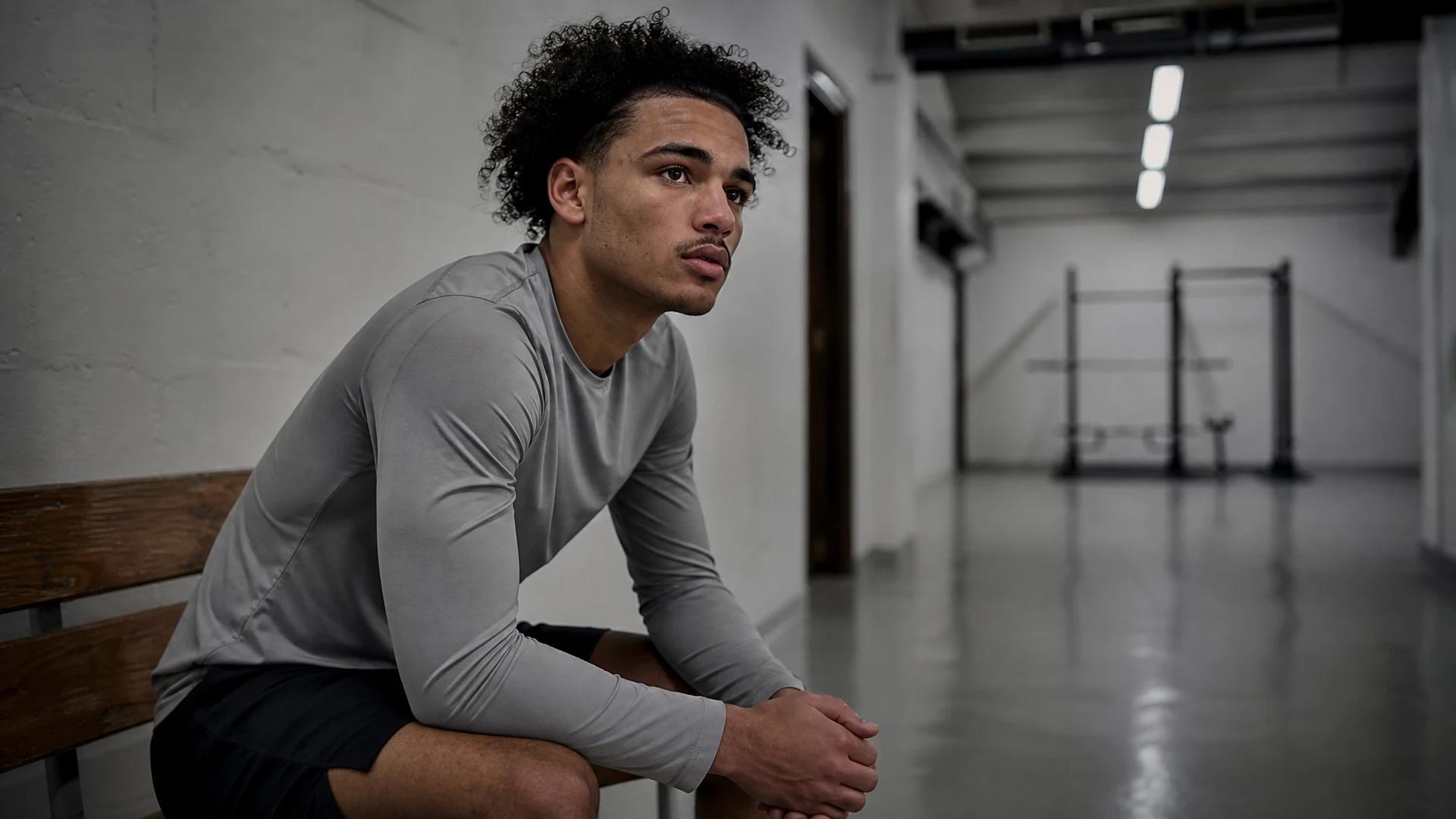 Éli Junior Kroupi seated on a bench in a training facility, looking contemplative.