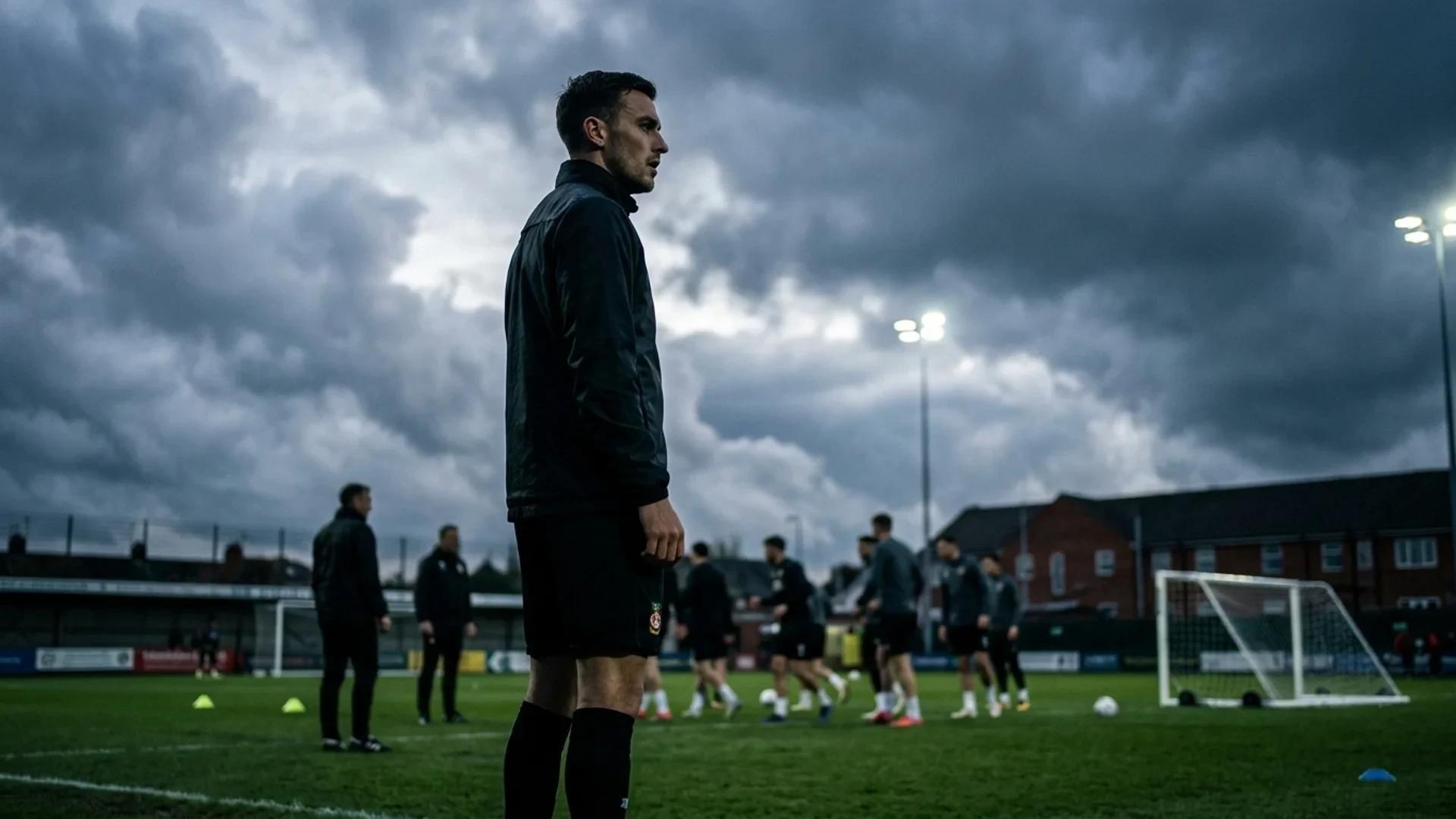 Danny Imray in training gear stands on the sidelines, contemplatively looking across the field under a stormy sky.