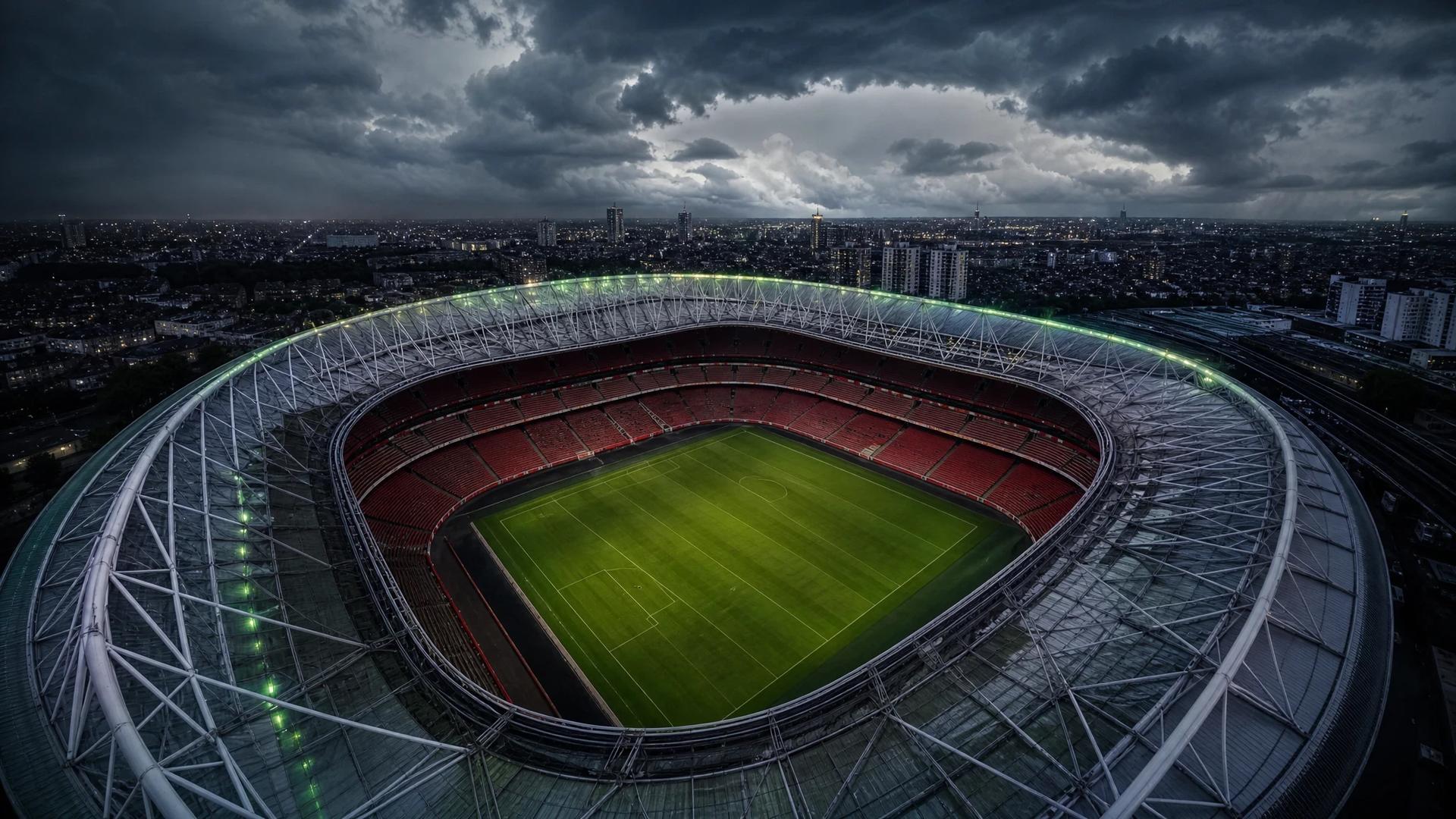 A bird's-eye view of the empty Emirates Stadium under dark storm clouds.