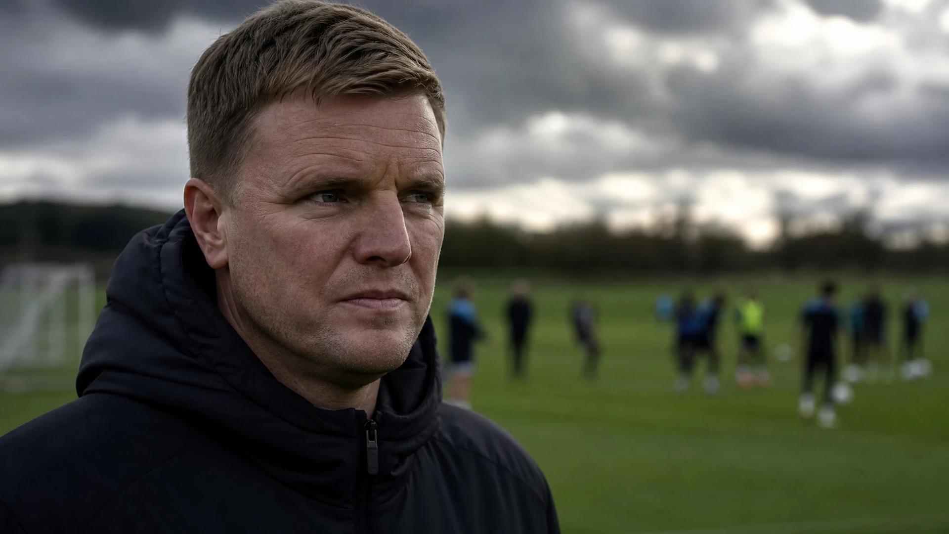 Eddie Howe stands pensively on a training ground, reflecting on his departure from Newcastle United.