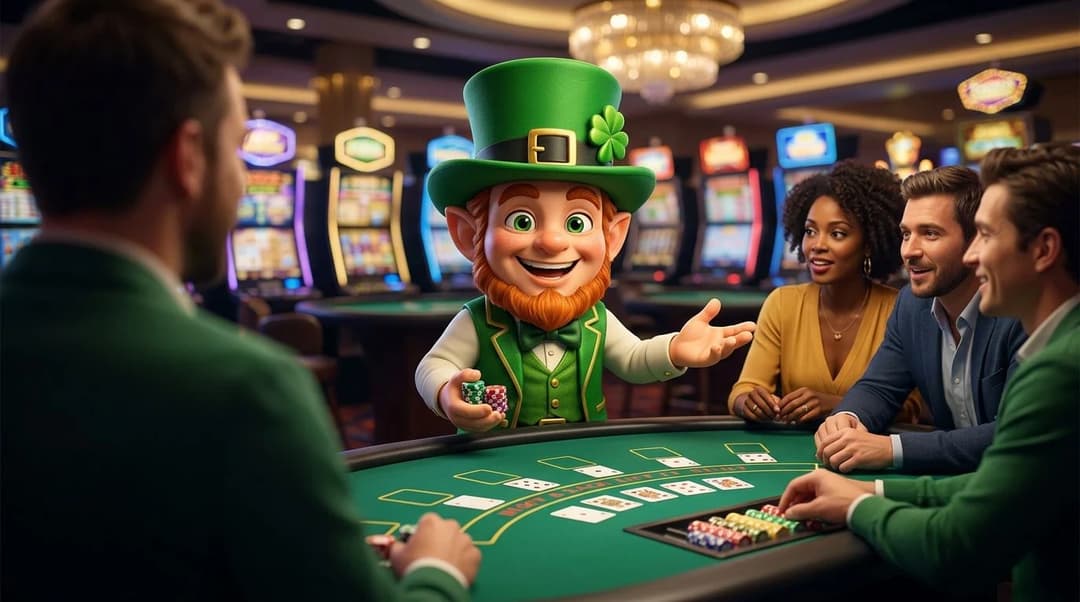 A NordicSpins mascot engaging with players at a blackjack table in a casino.