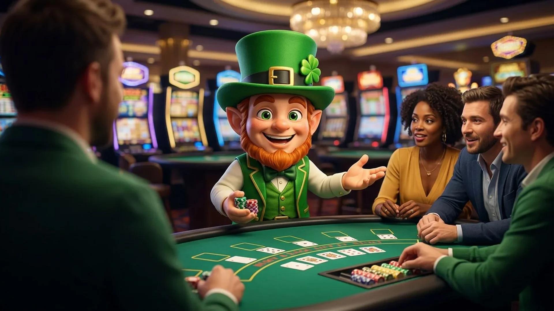 A NordicSpins mascot engaging with players at a blackjack table in a casino.