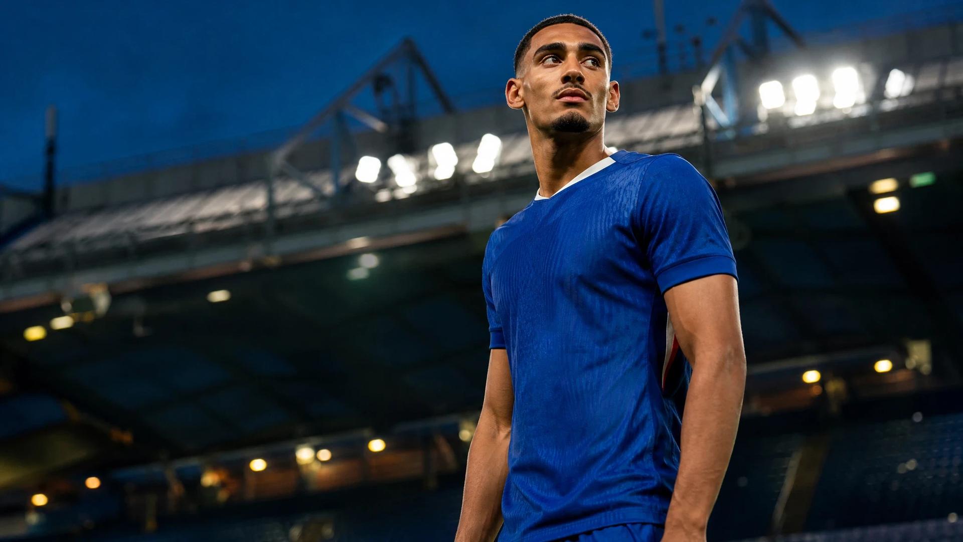 Maxence Lacroix stands on the football pitch at Stamford Bridge, showcasing determination in a low-angle shot.