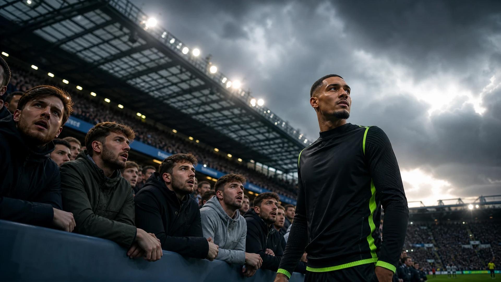 A close-up view of Chelsea fans at Stamford Bridge, eagerly watching Maxence Lacroix on the field.
