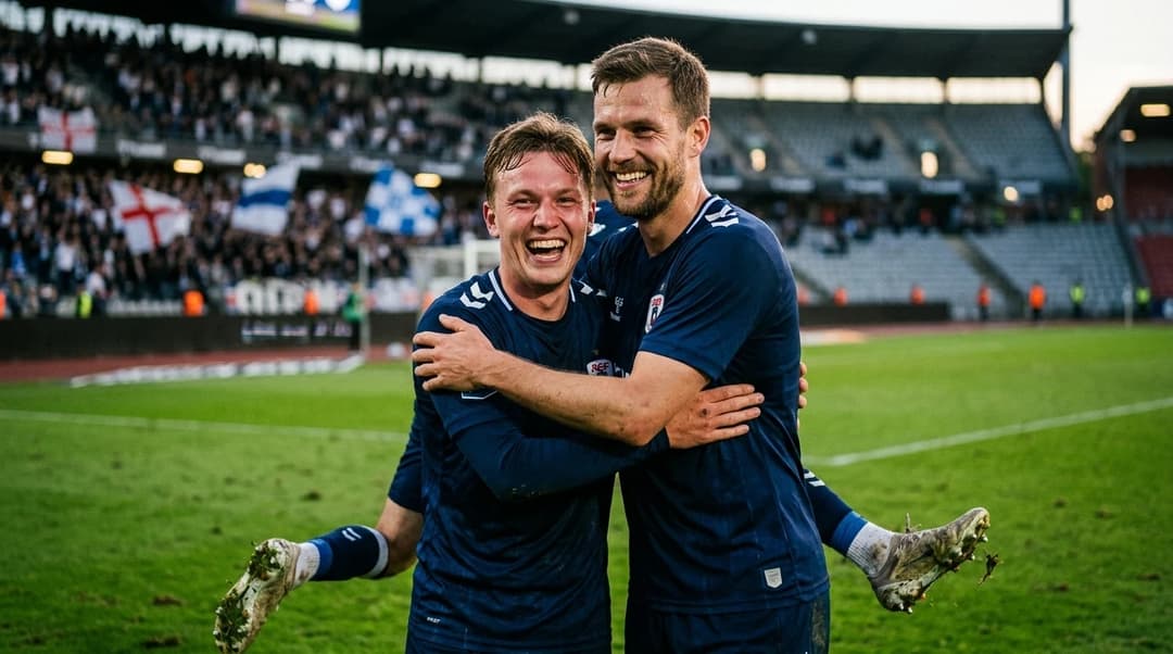 Tobias Bech and Frederik Tingager celebrating their victory in a close-up shot.