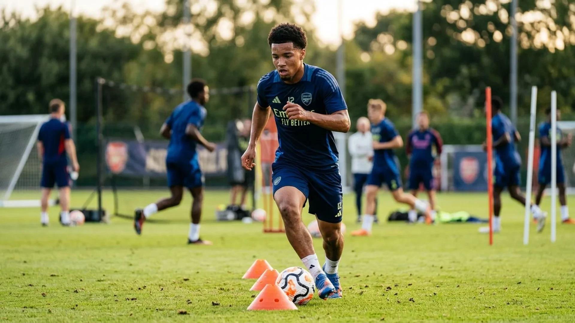 Ethan Nwaneri training on the pitch, showing determination.