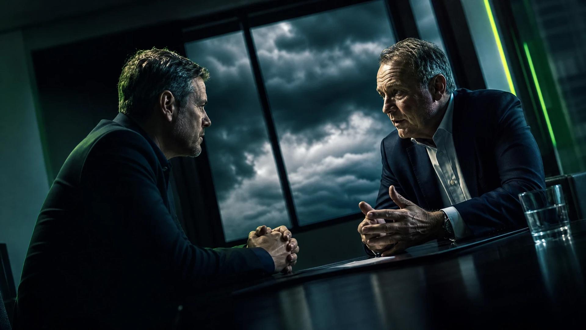 Two representatives in a tense discussion under stormy light.