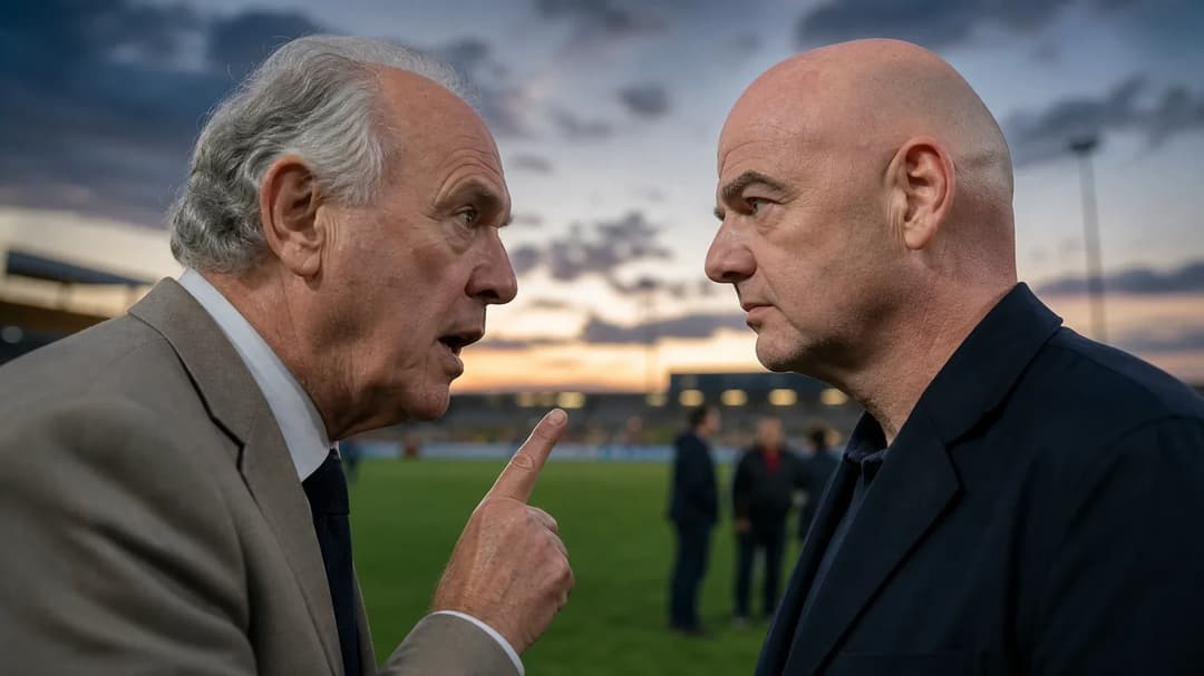 Two football leaders face each other with intense expressions on a blurred football pitch at dusk.