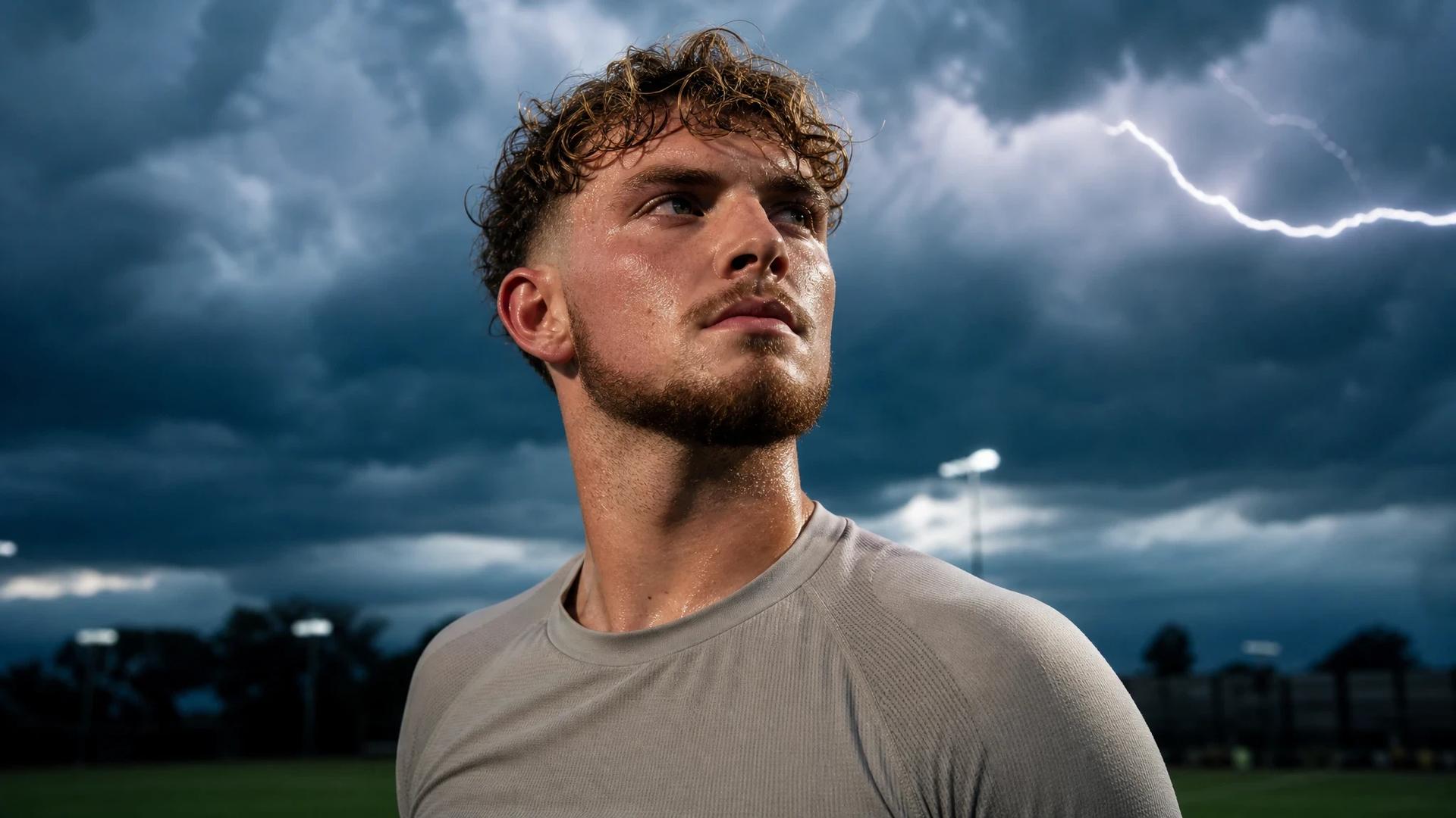 Harvey Elliott stands as a silhouette against a stormy backdrop, looking determined.