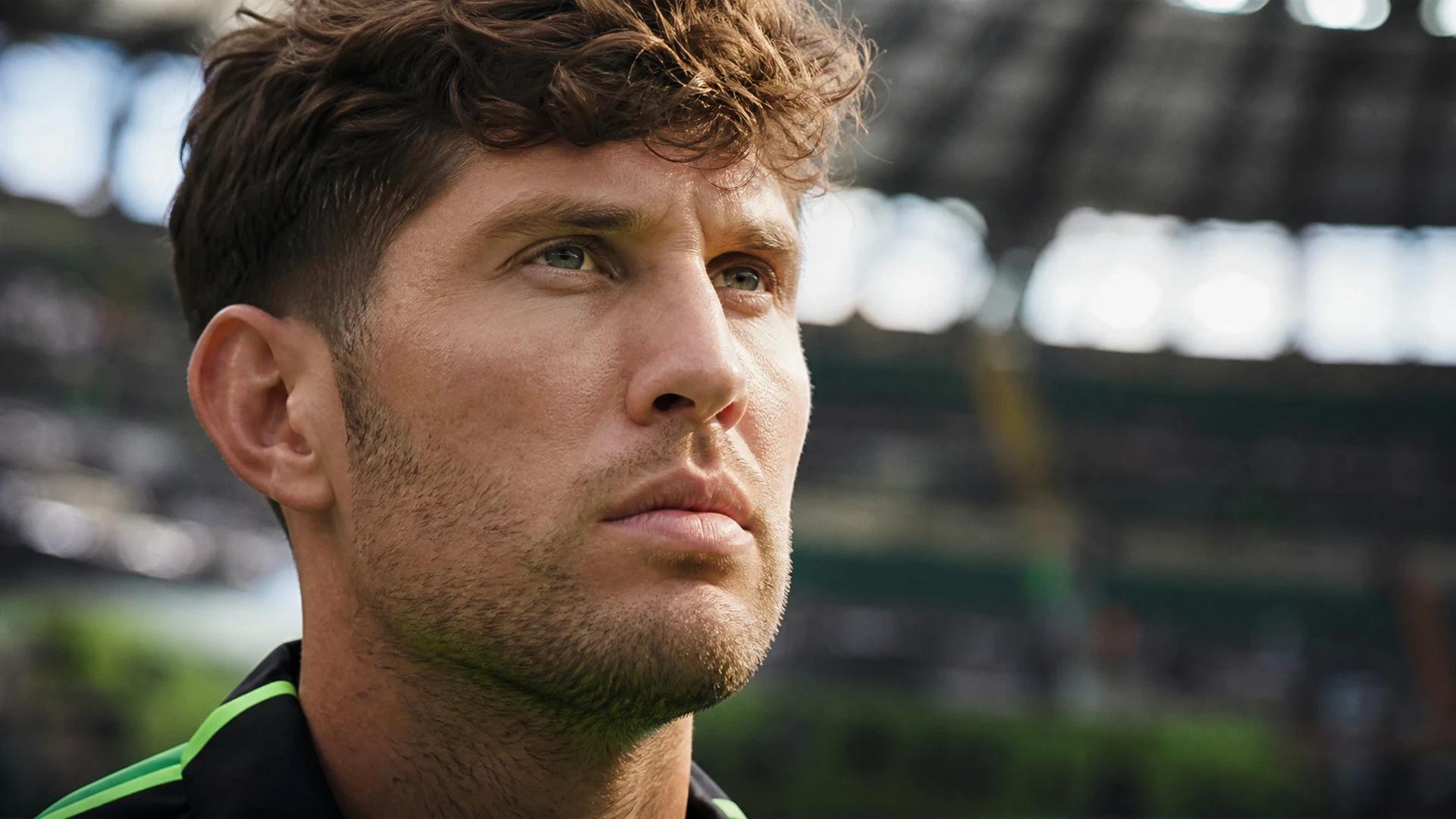Close-up of a football player, John Stones, displaying an intense expression ready for a game.